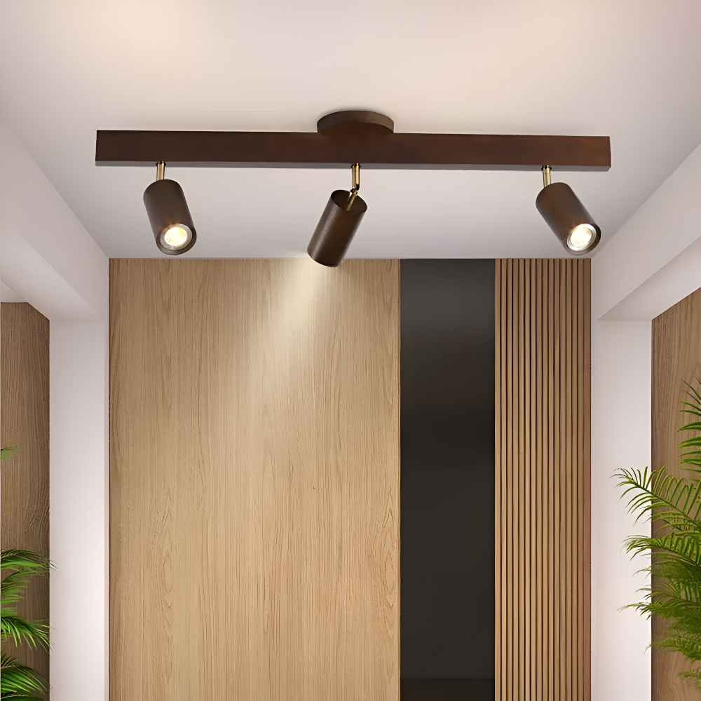 Spot de plafond LED NordBeam réglable, design moderne bois et métal pour éclairage intérieur.