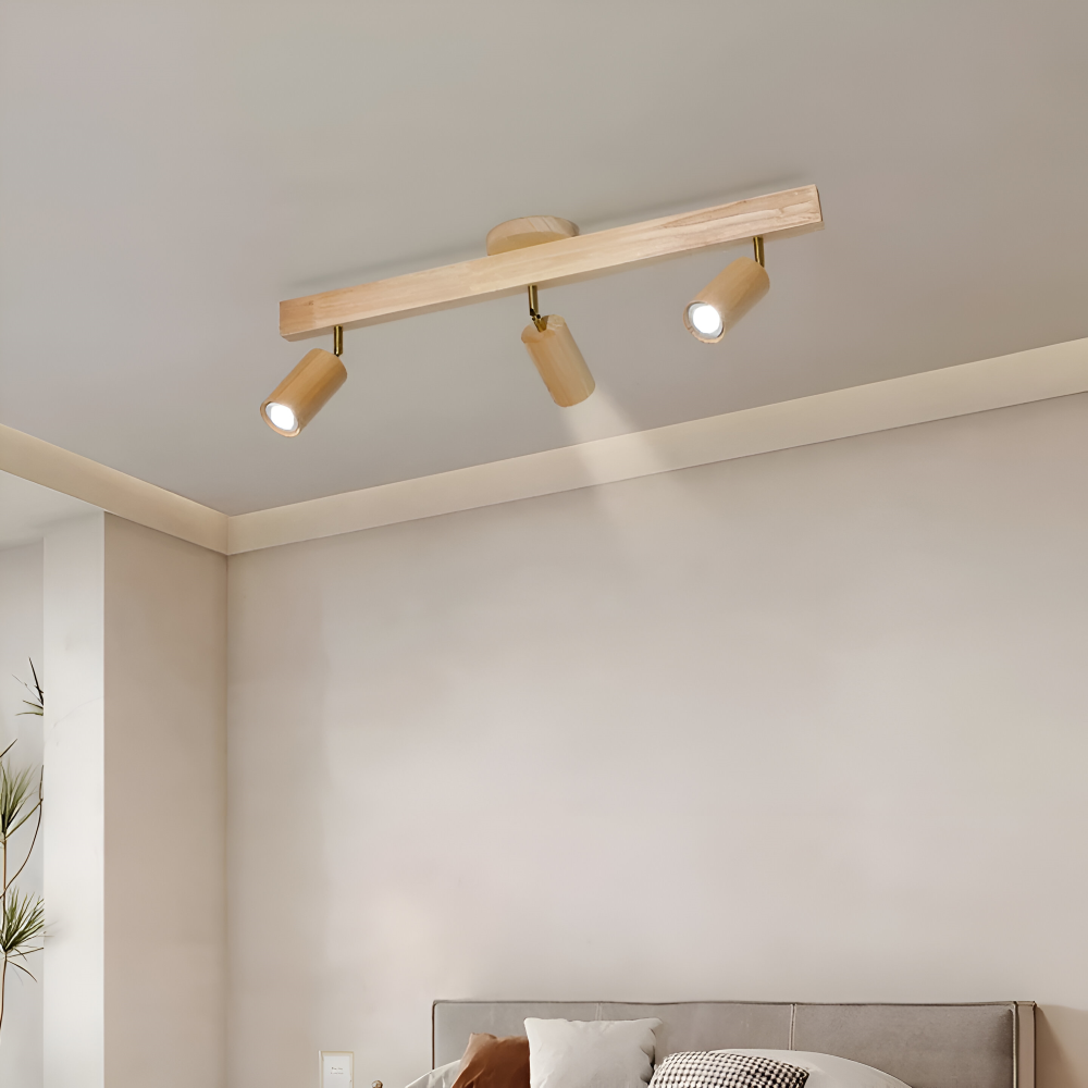 Luminaire LED NordBeam en bois et métal, spot de plafond orientable, idéal décoration contemporaine.