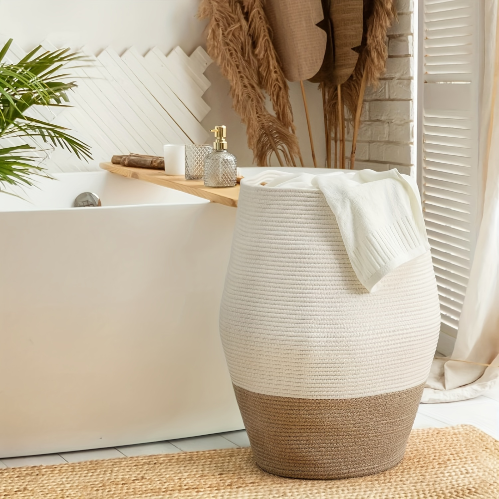 Grand panier de rangement en coton style bohème pour le linge sale. Déco maison élégante.