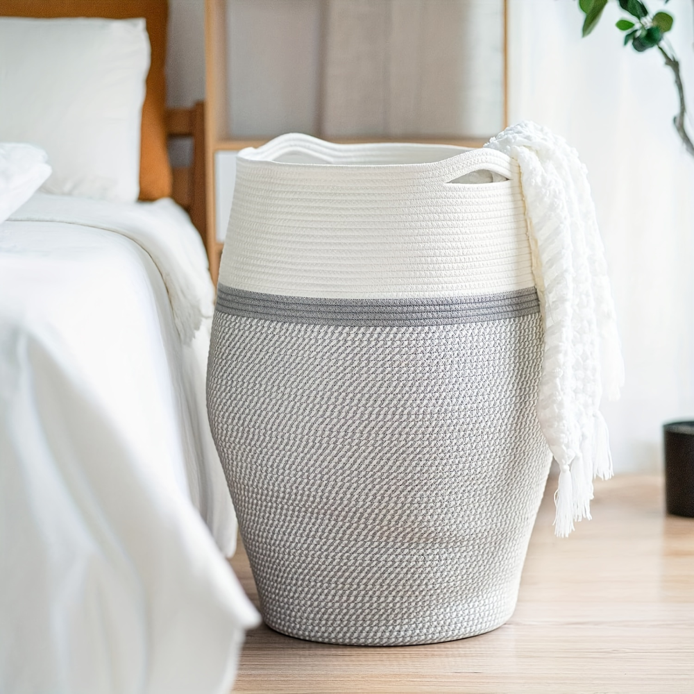 Panier organisateur en coton naturel, pliable, idéal pour divers rangements maison.