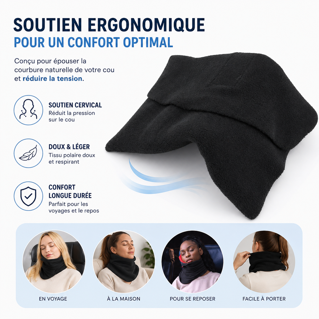 Coussin Wylie portable, mousse à mémoire. Idéal pour soutien cervical et détente en voyage. Accessoire confort avion/train.