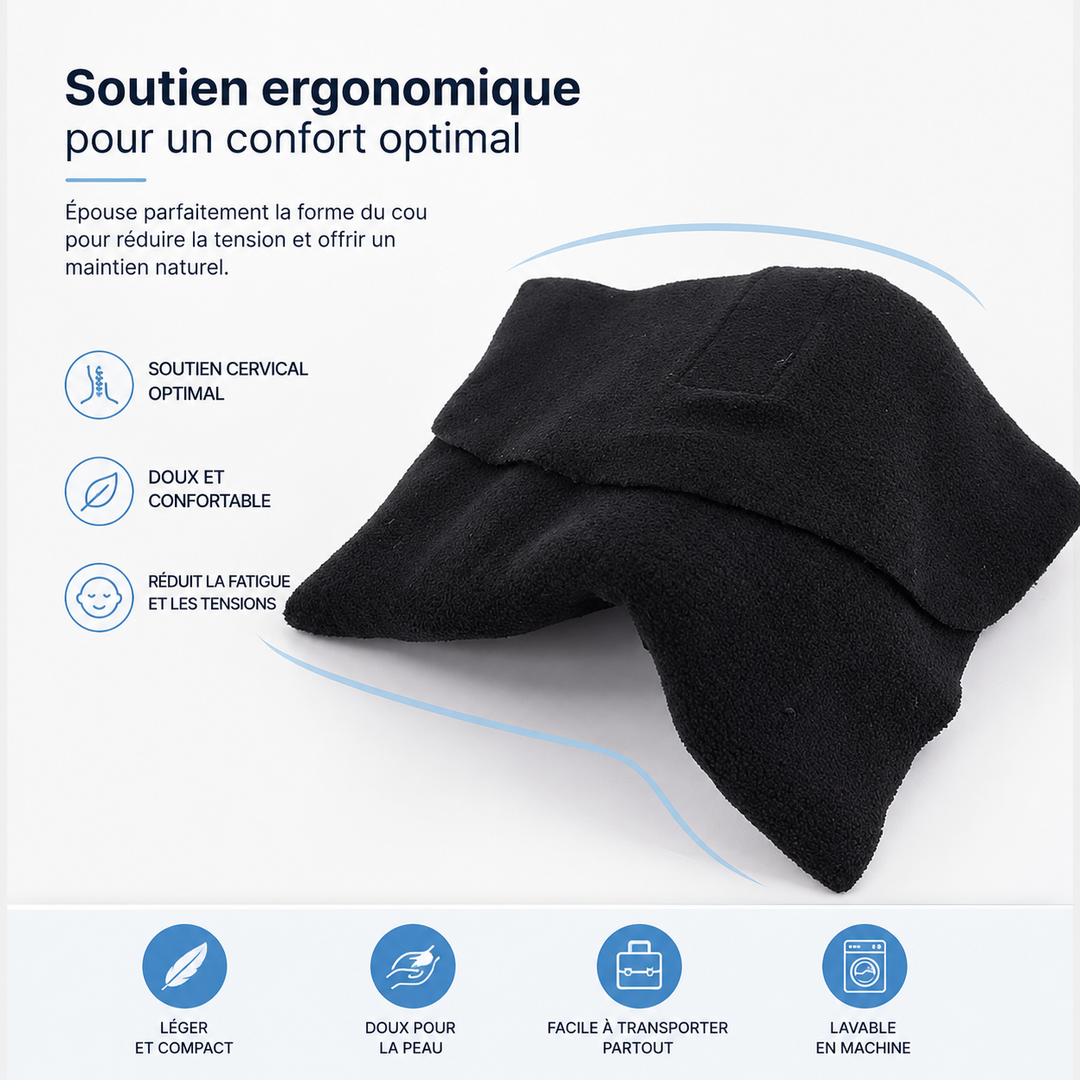 Confort voyage avec le coussin Wylie. Soutien nuque ergonomique, mousse à mémoire. Parfait pour avion, voiture, train.