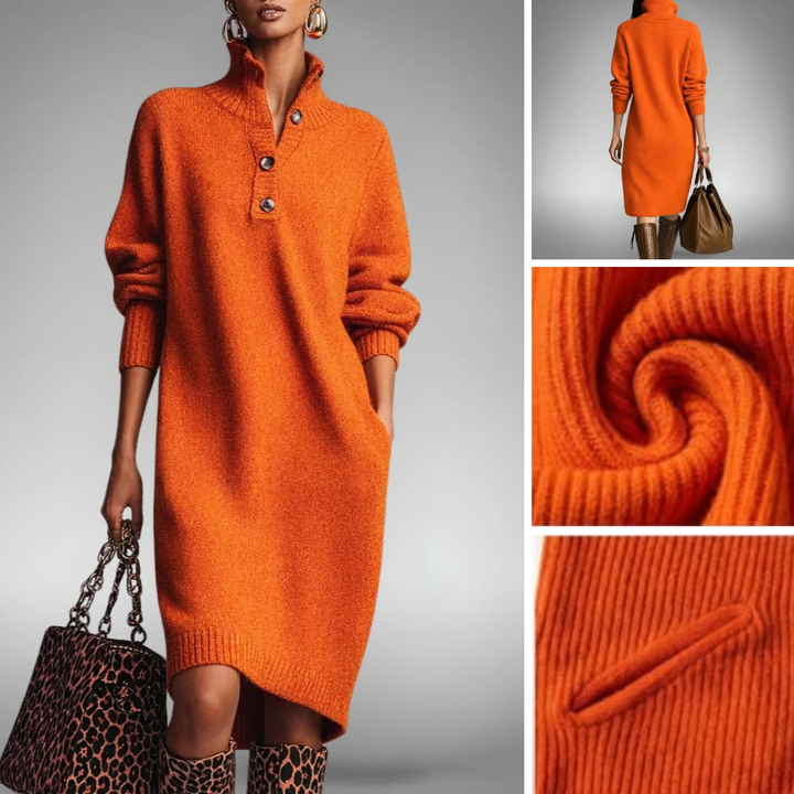 Robe midi polyvalente femme, col montant, poches. Style casual chic, parfaite pour automne et hiver.