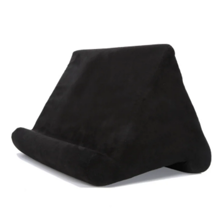 Support coussin moelleux gris pour tablette, liseuse. Confort mains libres pour lecture et visionnage relaxant.