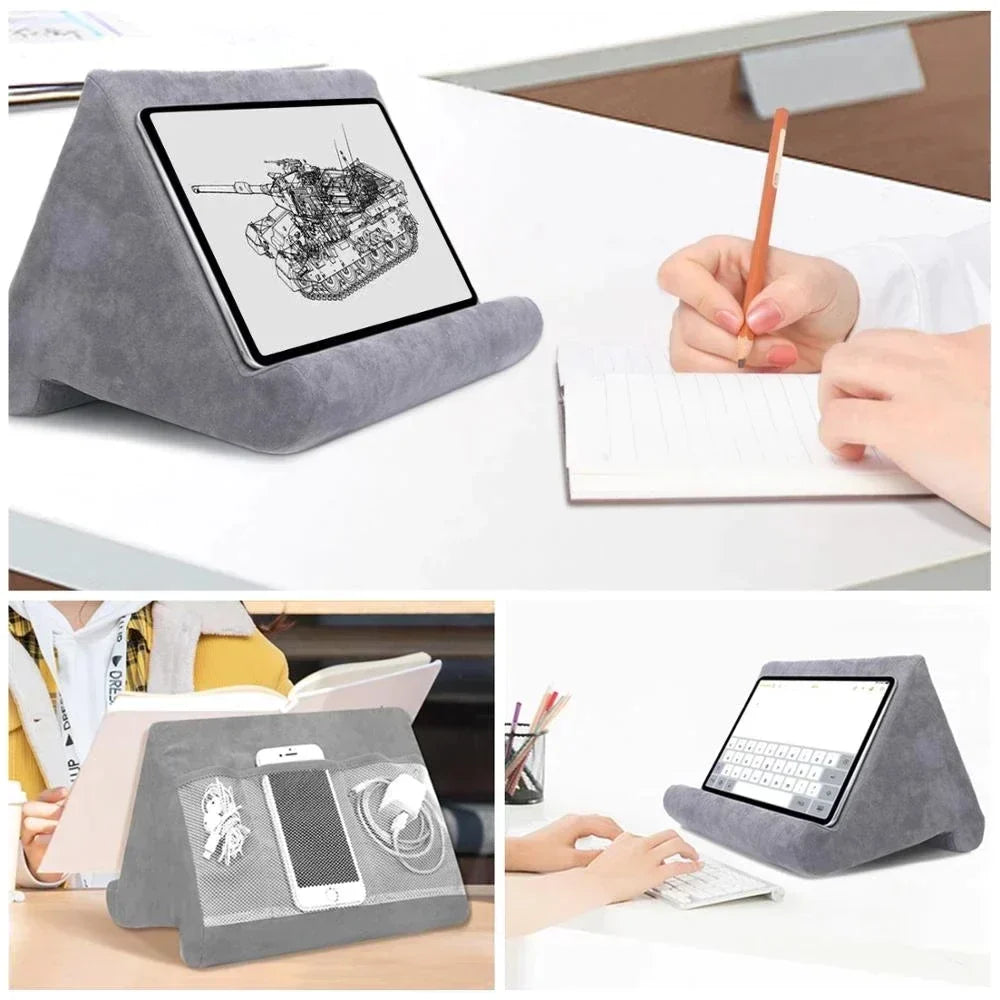 Support coussin confortable pour tablette, idéal liseuse, lecture ou visionnage mains libres, design gris.