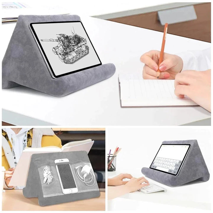 Support coussin confortable pour tablette, idéal liseuse, lecture ou visionnage mains libres, design gris.