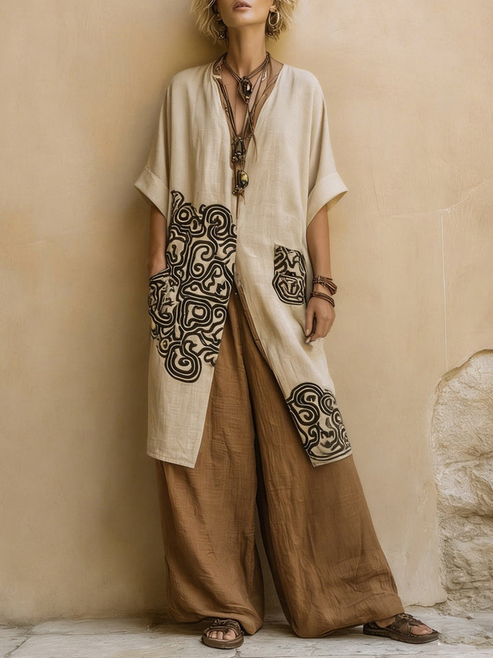 Tenue décontractée bohème femme 3 pièces ample. Pantalon large fluide pour un confort chic et nomade.