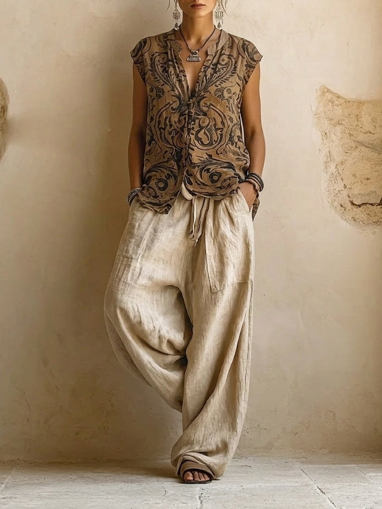 Tenue femme 3 pièces bohème vintage: cardigan fleuri, top et pantalon large imprimé, idéal printemps-été.