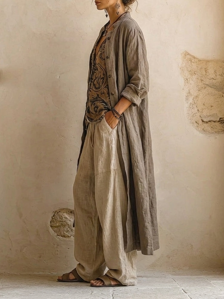 Cardigan, top et pantalon large imprimé bohème pour femme. Ensemble fluide 3 pièces printanier élégant et décontracté.