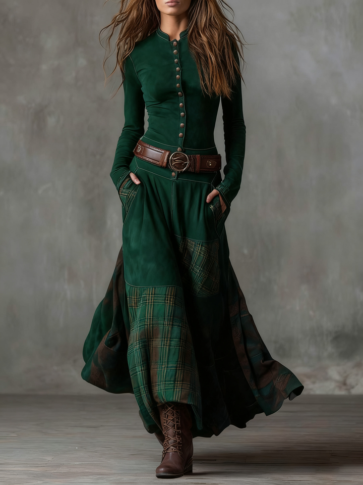 Robe longue femme chic avec ceinture assortie, style rétro bohème, fluide et confortable pour diverses occasions mode.