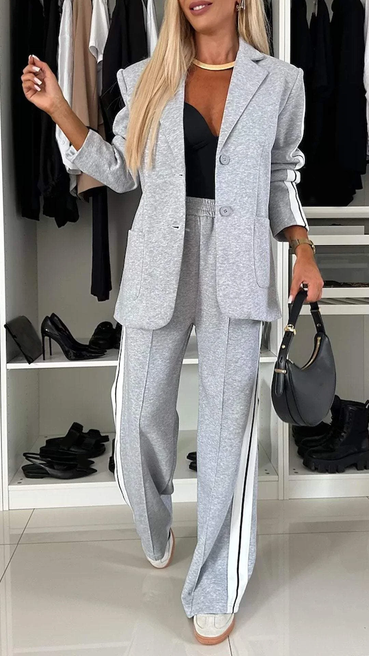 Ensemble femme 2 pièces VivaSet 17 gris, blazer chic et pantalon large confortable pour style quotidien.