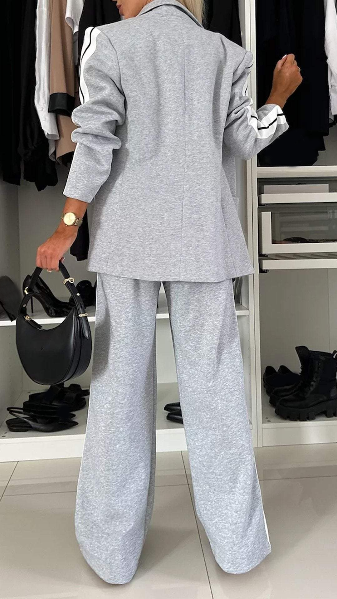 VivaSet 17 noir, ensemble femme 2 pièces chic et polyvalent, blazer et pantalon large en coton.