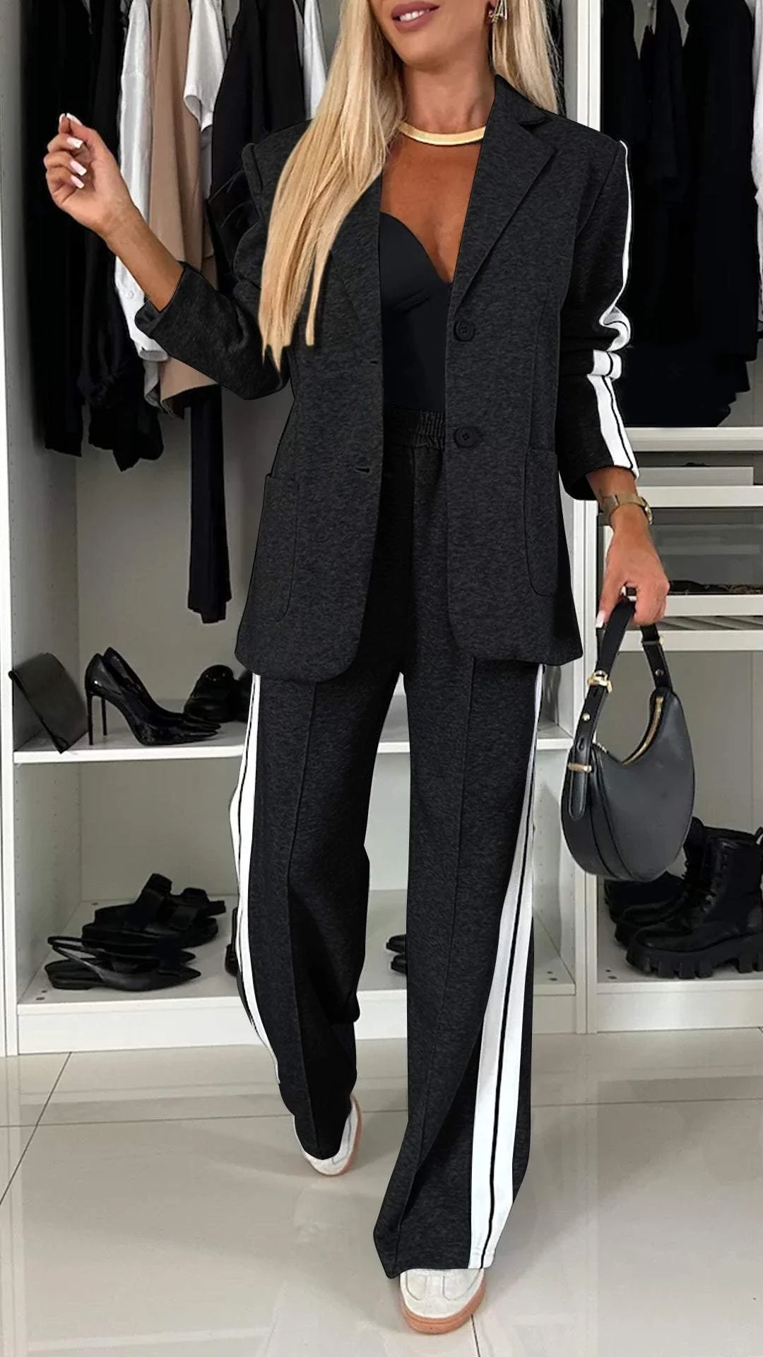 Blazer et pantalon large confortables gris, ensemble femme 2 pièces VivaSet 17 pour mode décontractée.