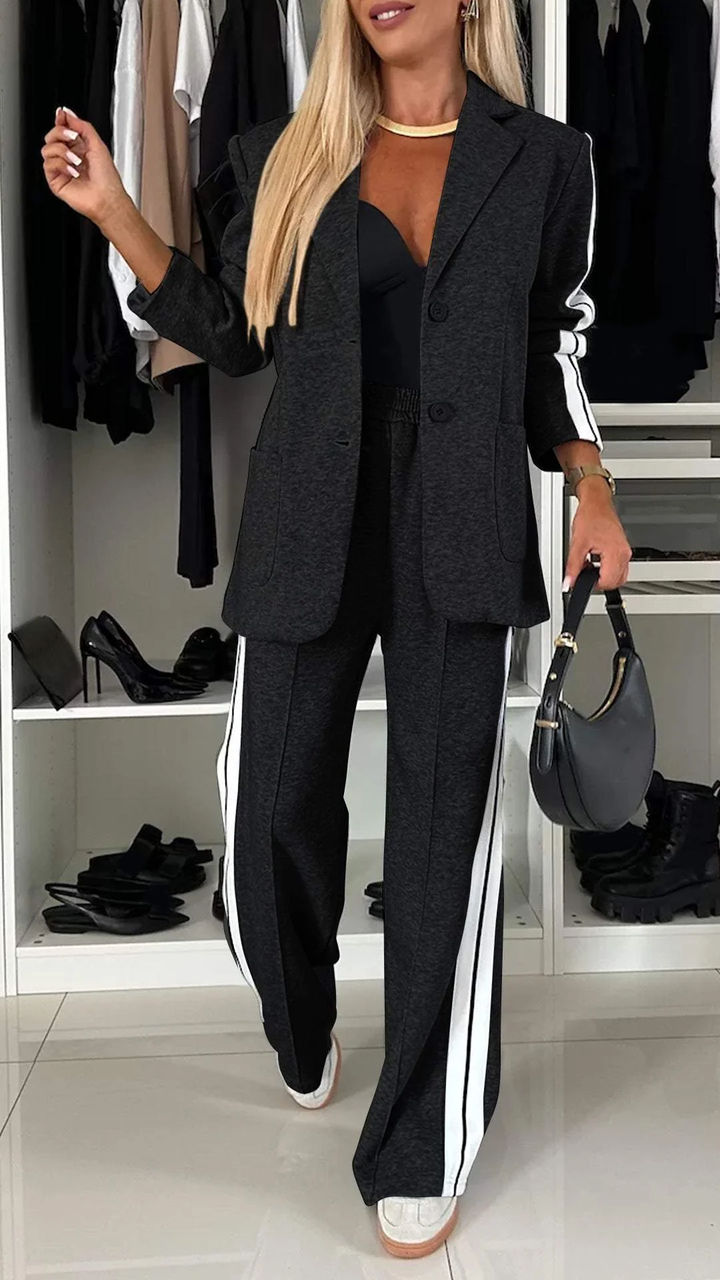 Blazer et pantalon large confortables gris, ensemble femme 2 pièces VivaSet 17 pour mode décontractée.
