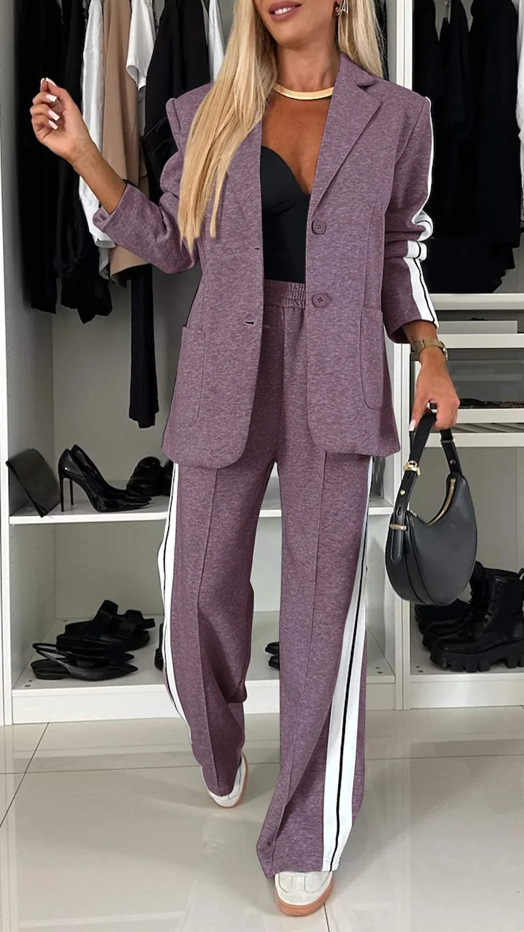 Ensemble élégant femme VivaSet 17 en coton : blazer et pantalon large, parfait pour toute occasion.