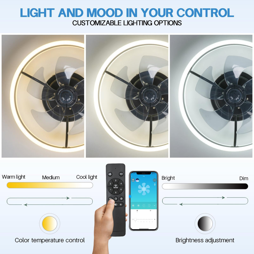Ventilateur de plafond moderne, lumière LED, télécommande, idéal pour confort maison et décoration.