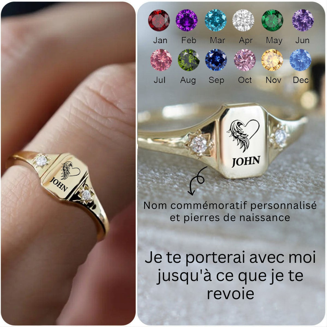 Vue rapprochée d'une bague femme personnalisable en or, avec pierre de naissance éclatante et gravure délicate.