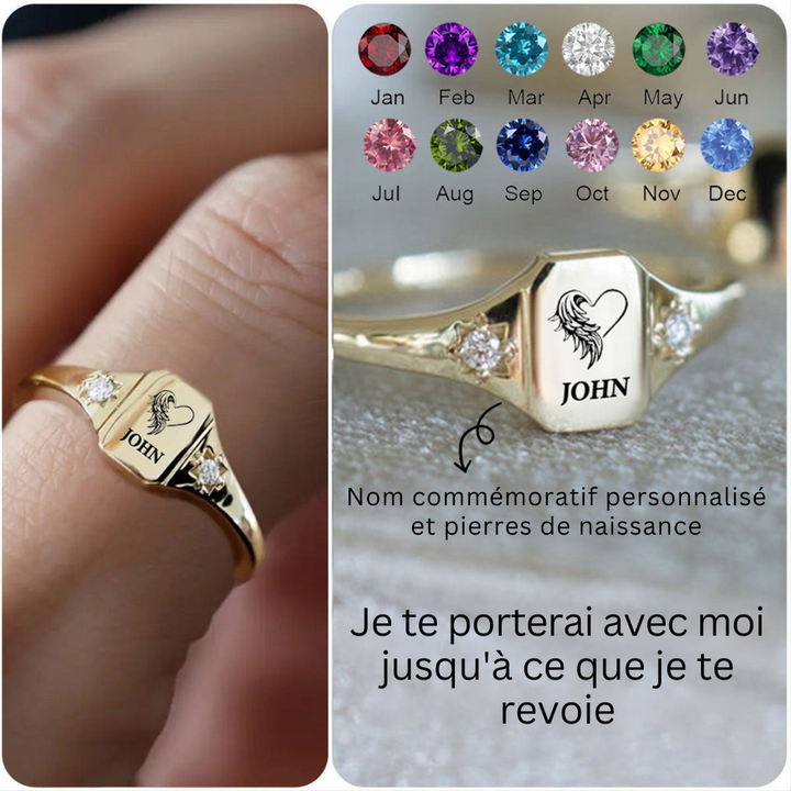 Vue rapprochée d'une bague femme personnalisable en or, avec pierre de naissance éclatante et gravure délicate.
