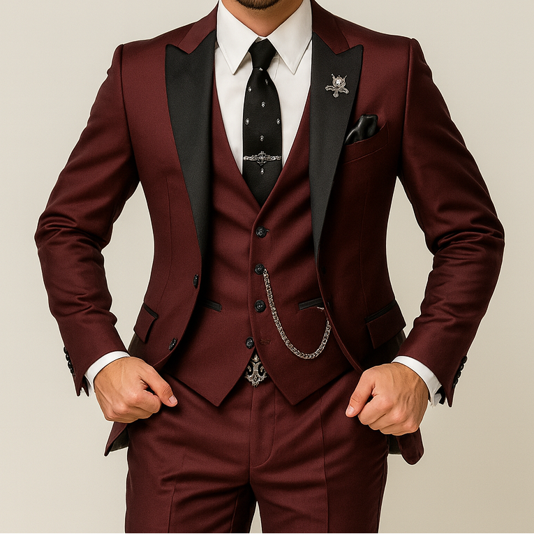 Costume homme 3 pièces élégant bordeaux. Parfait pour mariage, cérémonie ou événement formel.