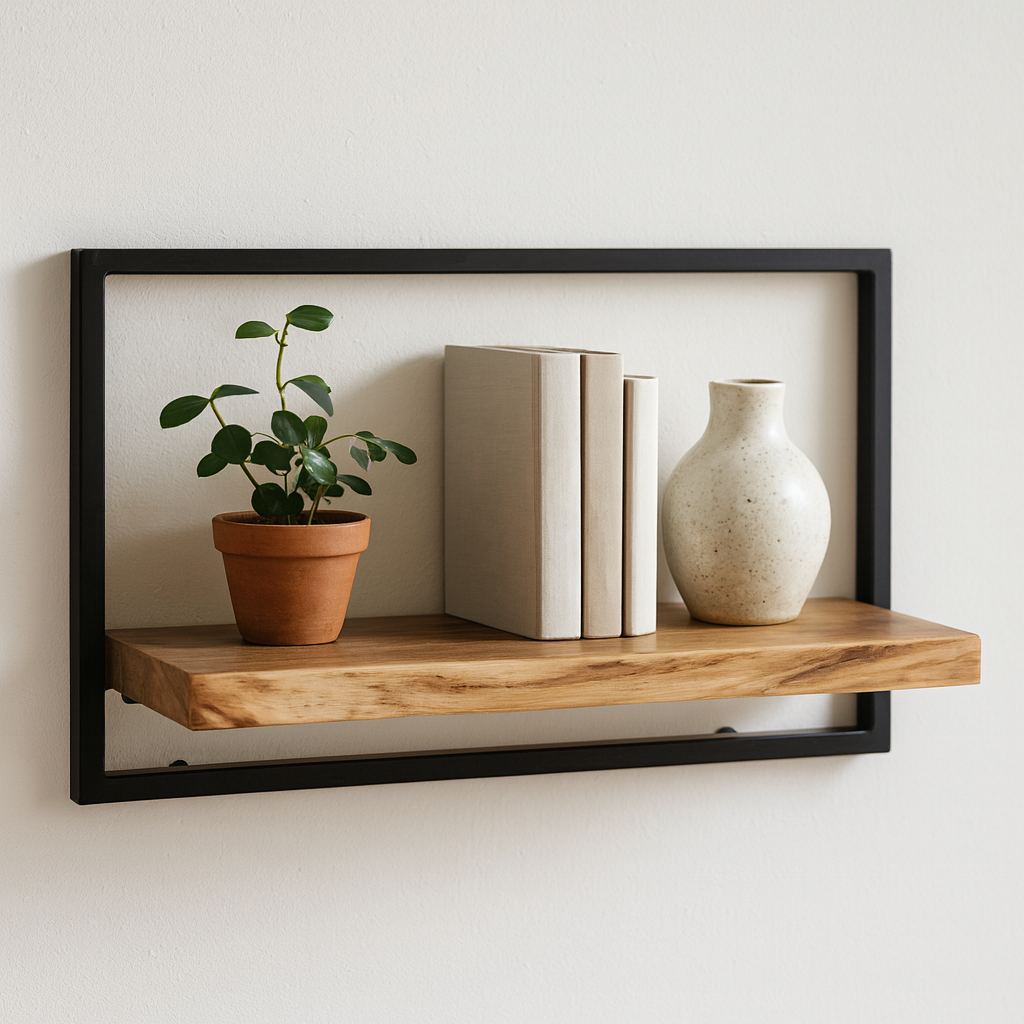 Ensemble de 5 étagères murales en bois et métal, style industriel moderne pour salon.