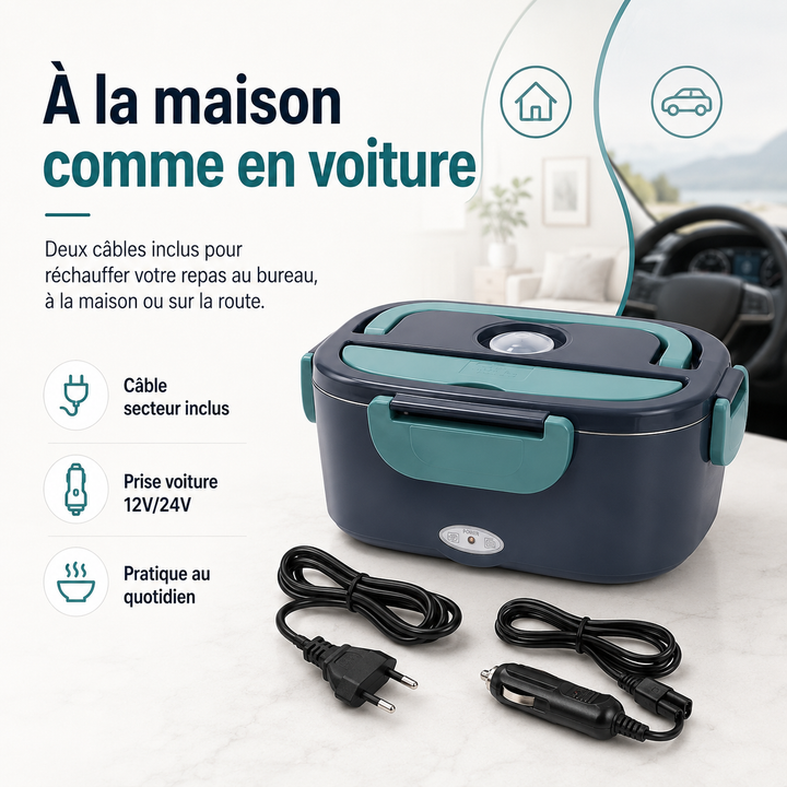 Chauffe-plat électrique portable HotBox anti-fuite. Conteneur robuste en acier inoxydable pour repas chauds nomades.