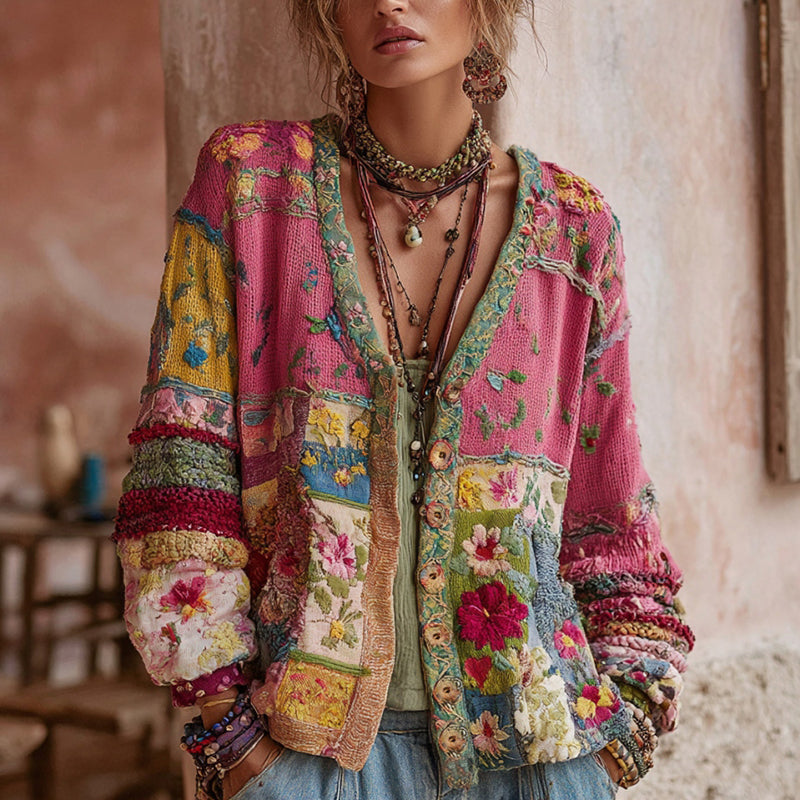 Cardigan femme bohème chic rose à patchwork floral, col V élégant. Parfait pour un look vintage léger.
