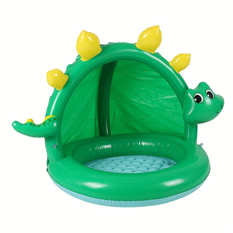 Bébé profite d'un jeu d'eau sécurisé dans cette piscine gonflable dinosaure avec parasol anti-UV.