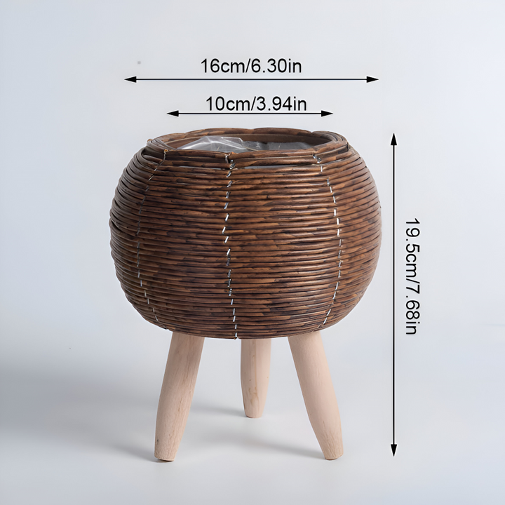 Support plante verte en rotin synthétique, pot sur pieds bois, rehausse votre décoration.