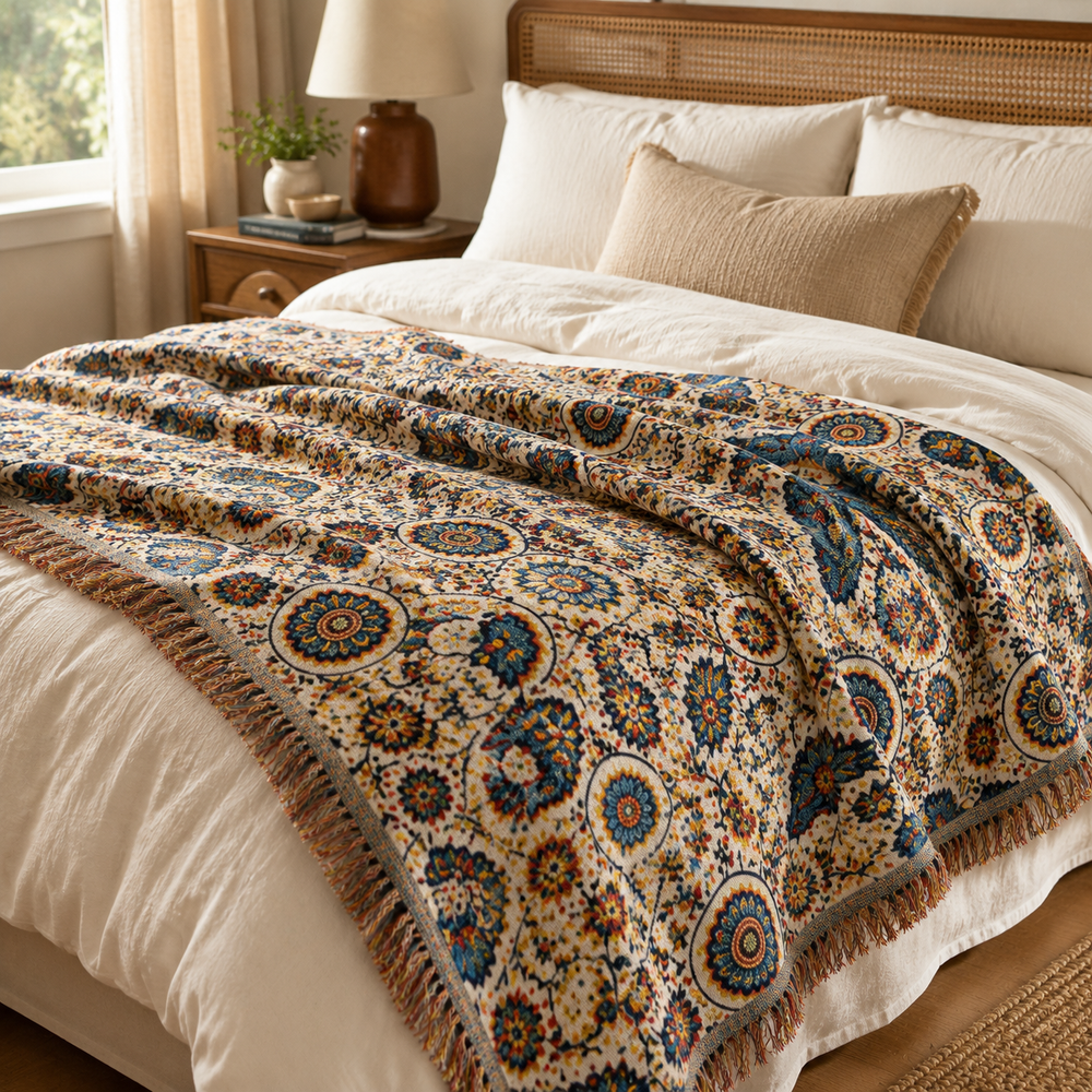 Plaid respirant en coton fleuri avec oiseaux, idéal pour décoration de lit ou canapé, léger et doux.