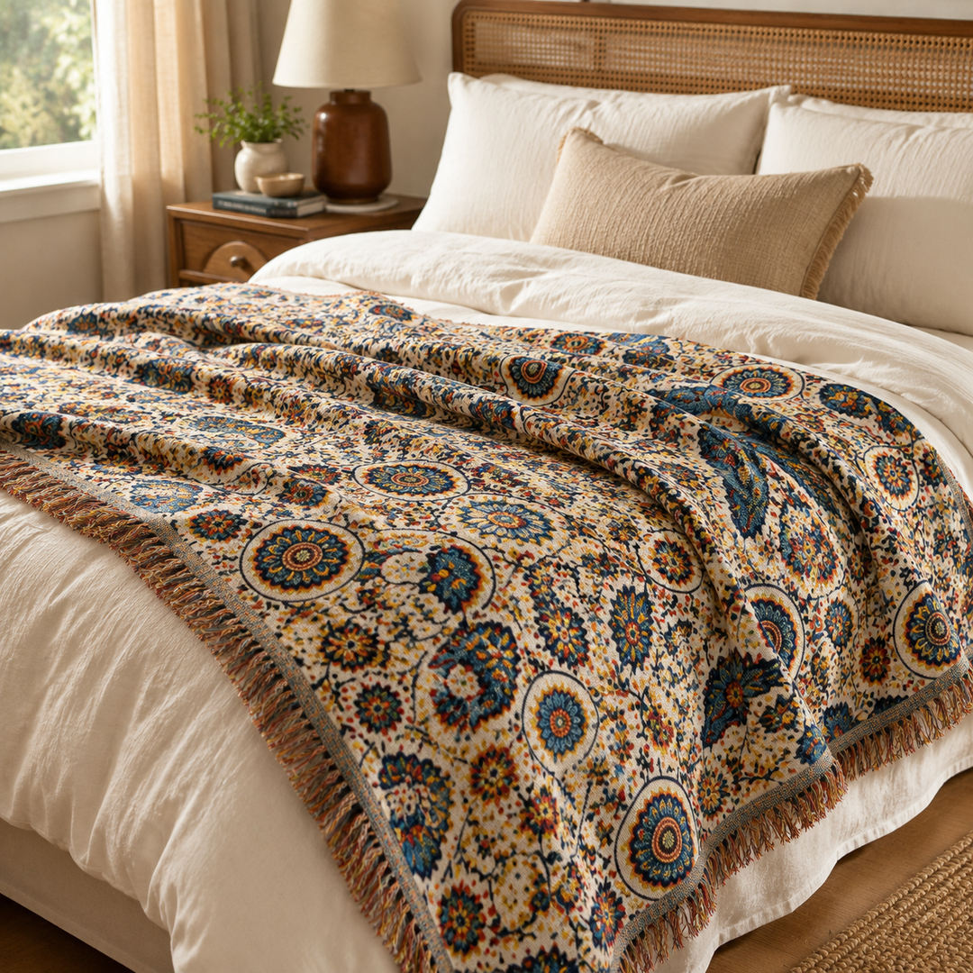 Plaid respirant en coton fleuri avec oiseaux, idéal pour décoration de lit ou canapé, léger et doux.