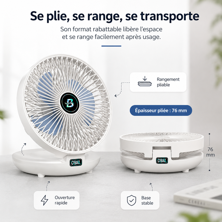 Ventilateur compact pliable et portable. Rechargeable, s'installe au mur ou sur bureau pour l'été.