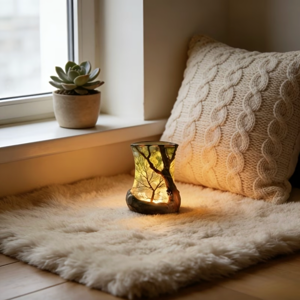 Lampe de table LED ambiance cocooning avec motif branche d'arbre. Éclairage chaleureux pour intérieur.