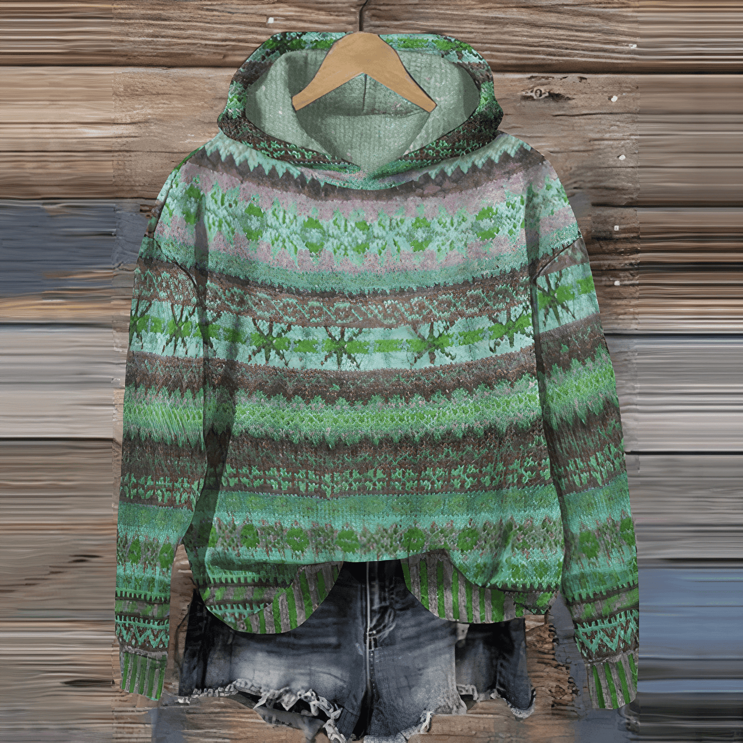 Stickad Damhoodie - Fair Isle Mönster - Avslappnad