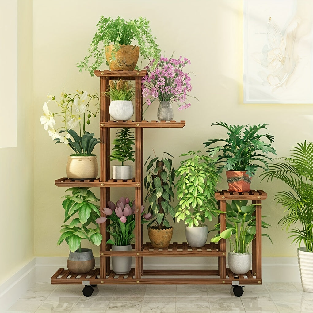 Jardinière verticale à 6 étages en bois carbonisé, parfaite pour optimiser l'espace du balcon.