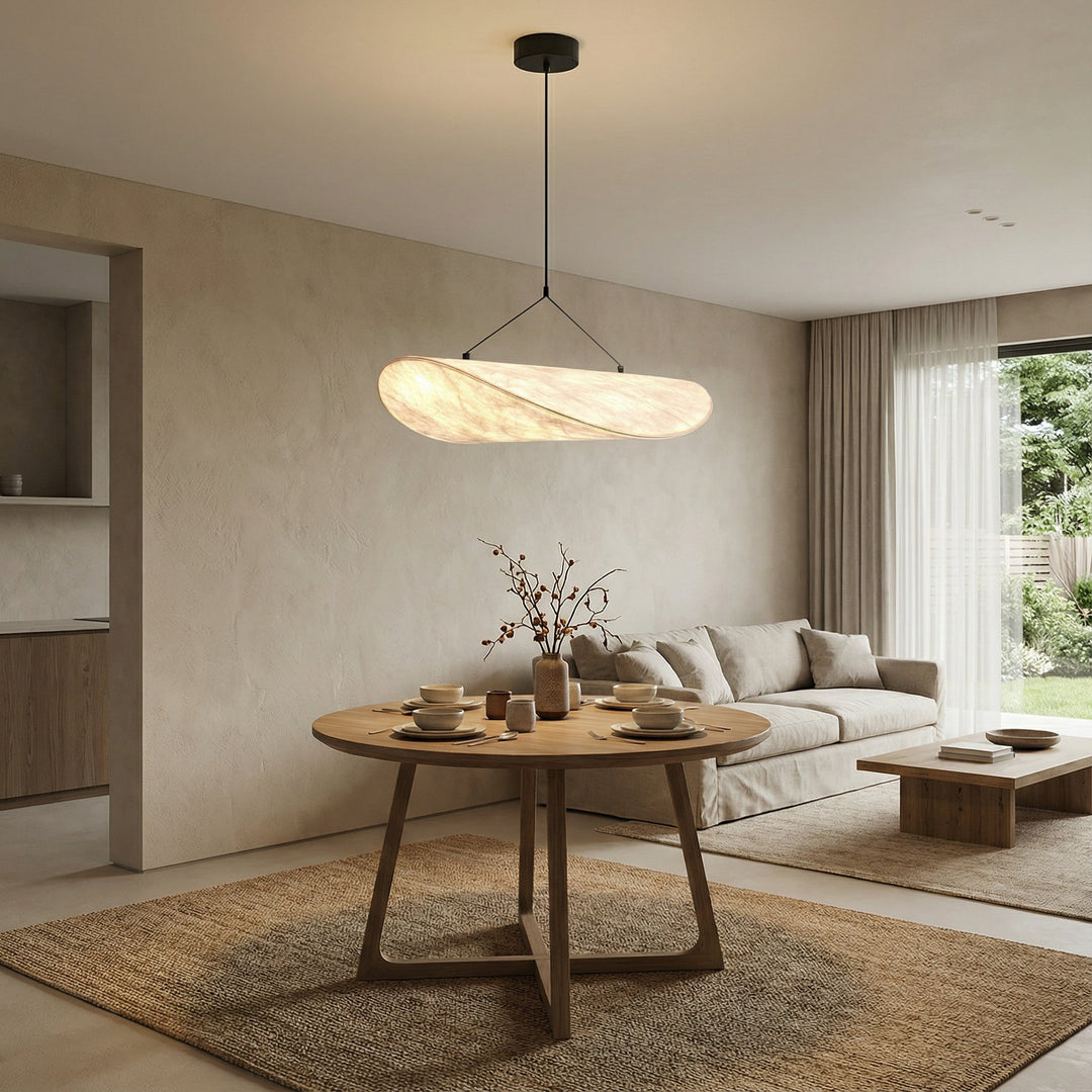 Suspension luminaire LED DuPont, esthétique japonaise et scandinave. Idéale pour un éclairage de salon contemporain.