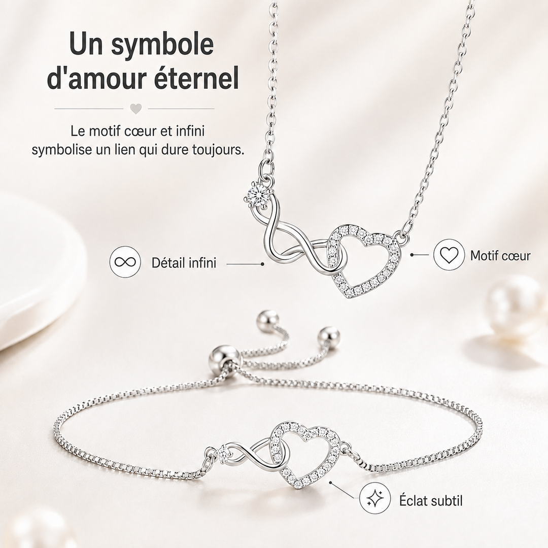 Collier argent sterling avec pendentif cœur étincelant et bracelet assorti.