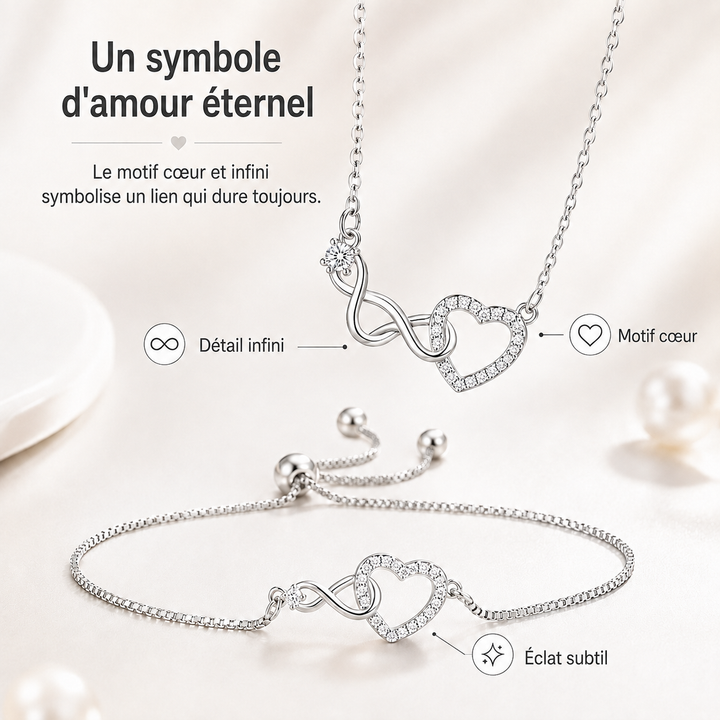 Collier argent sterling avec pendentif cœur étincelant et bracelet assorti.