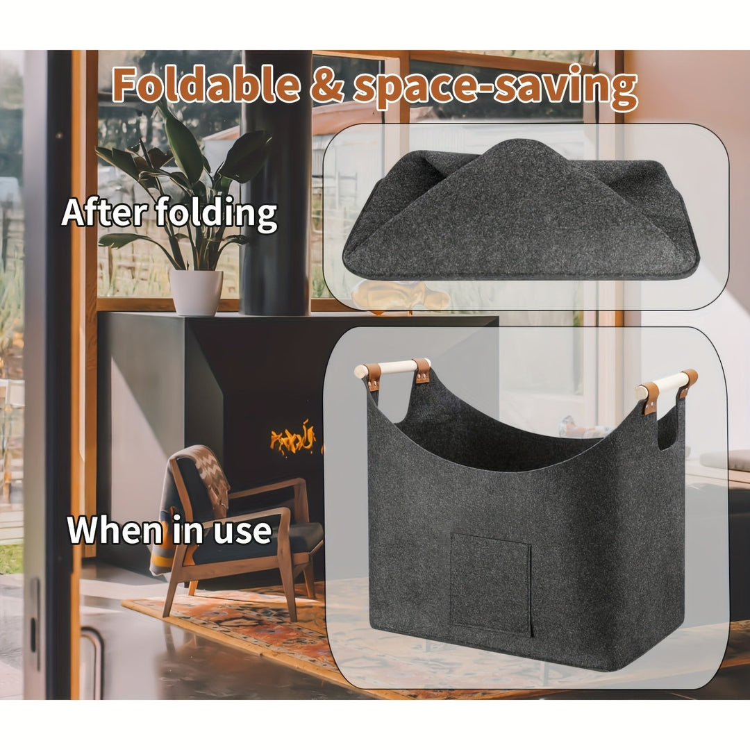 Panier à bois feutre gris moderne, pliable, poignées bois, rangement compact et stylé pour intérieur.
