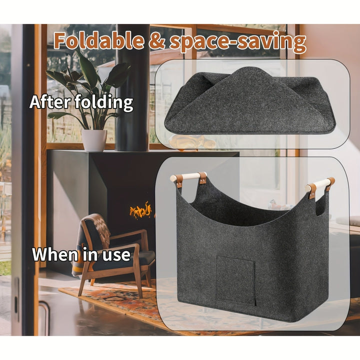 Panier à bois feutre gris moderne, pliable, poignées bois, rangement compact et stylé pour intérieur.