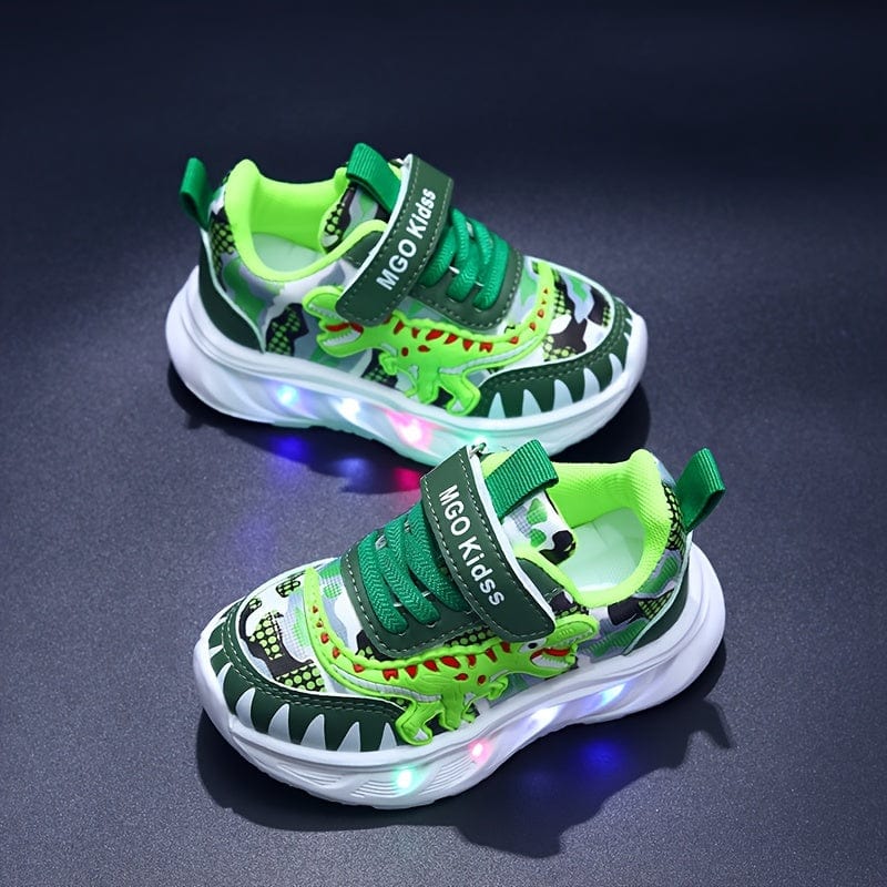 Chaussures de sport confortables dinosaures LED pour garçons. Semelle lumineuse, parfaite pour enfants actifs.