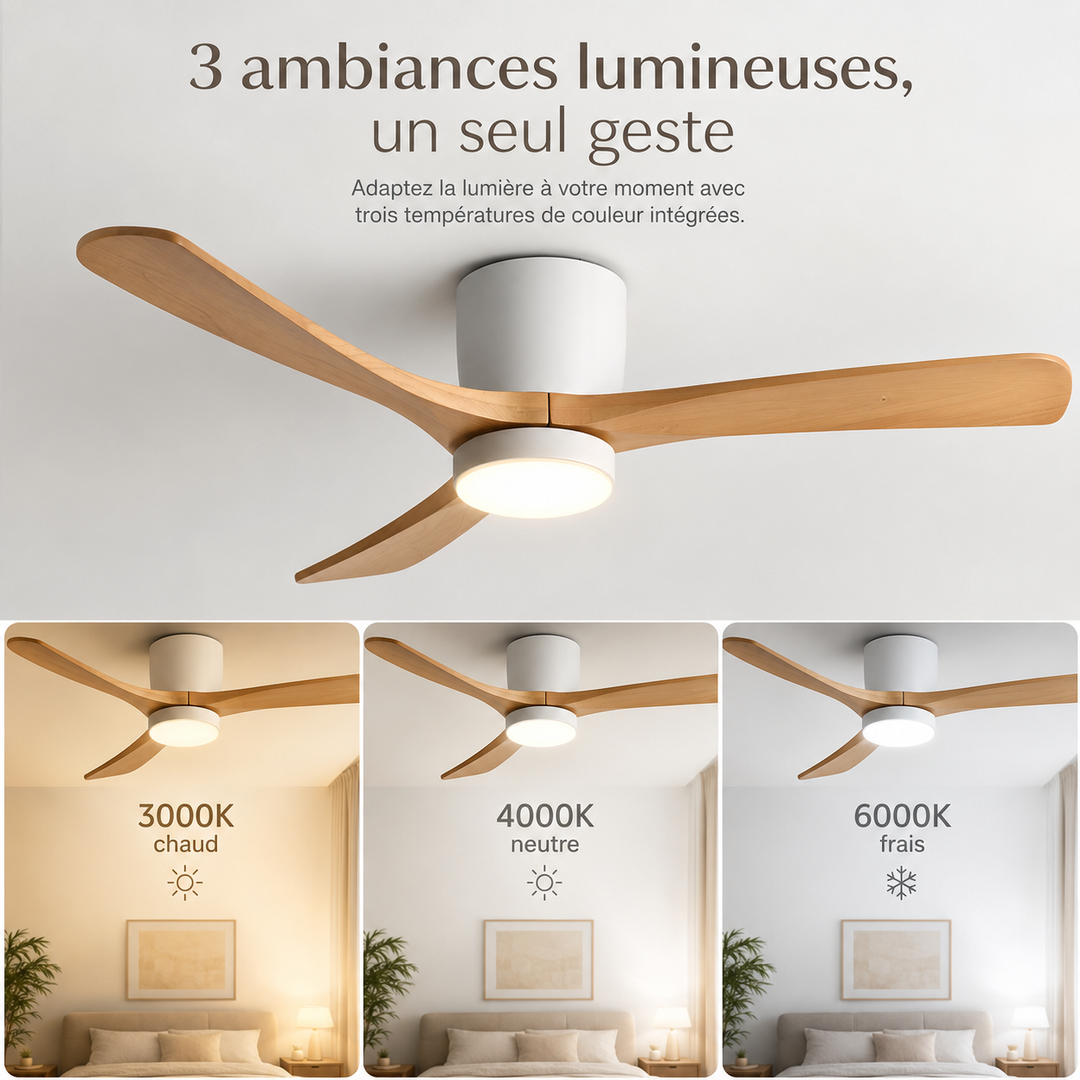 Apportez le confort avec ce ventilateur de plafond LED, design scandinave et silencieux.