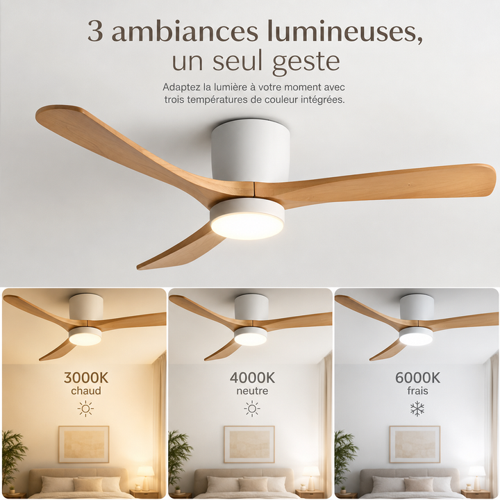 Apportez le confort avec ce ventilateur de plafond LED, design scandinave et silencieux.