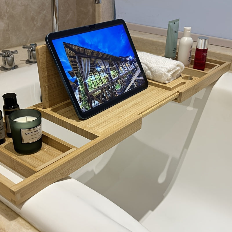 Accessoire de bain écologique en bambou, plateau de rangement pour livre, téléphone et bougie.