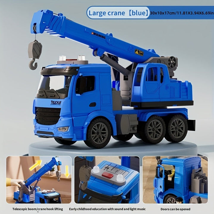 Jouet robuste camion grue pour enfants en ABS, durable, avec sons et lumières pour un jeu de construction long.