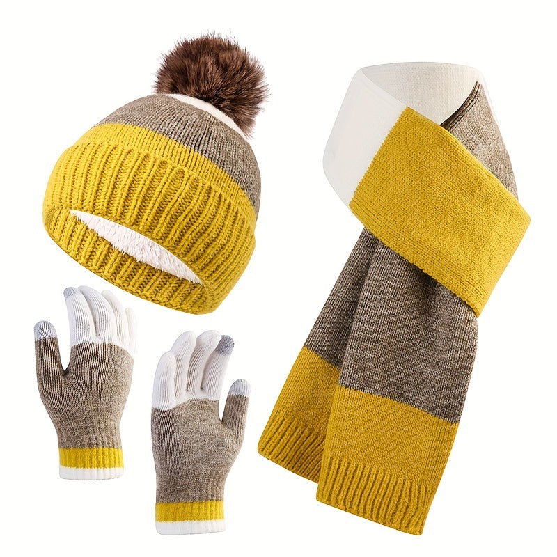 Ensemble d'hiver tricoté unisexe : bonnet, écharpe et gants chauds. Idéal pour le froid et la mode hiver.