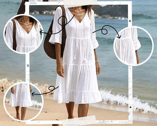 Robe midi fluide et confortable à col V pour femme, idéale vacances ou tenue quotidienne élégante.