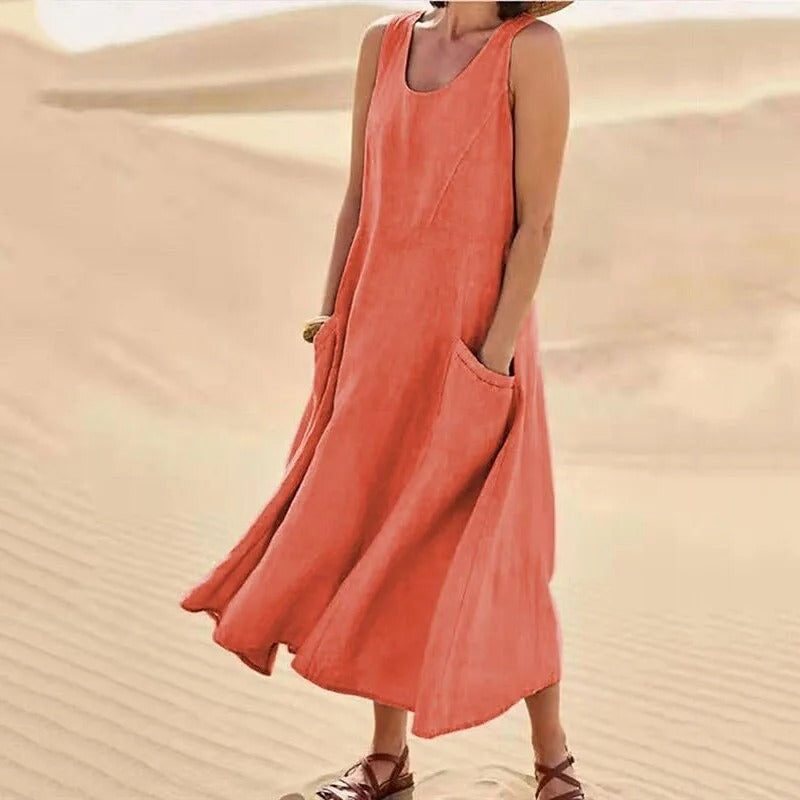 Robe longue femme sans manches, fluide et décontractée, parfaite pour la plage, les vacances ou un look estival.