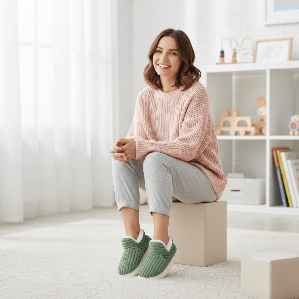 Chaussons femme thermiques, antidérapantes, idéal détente et confort hivernal.