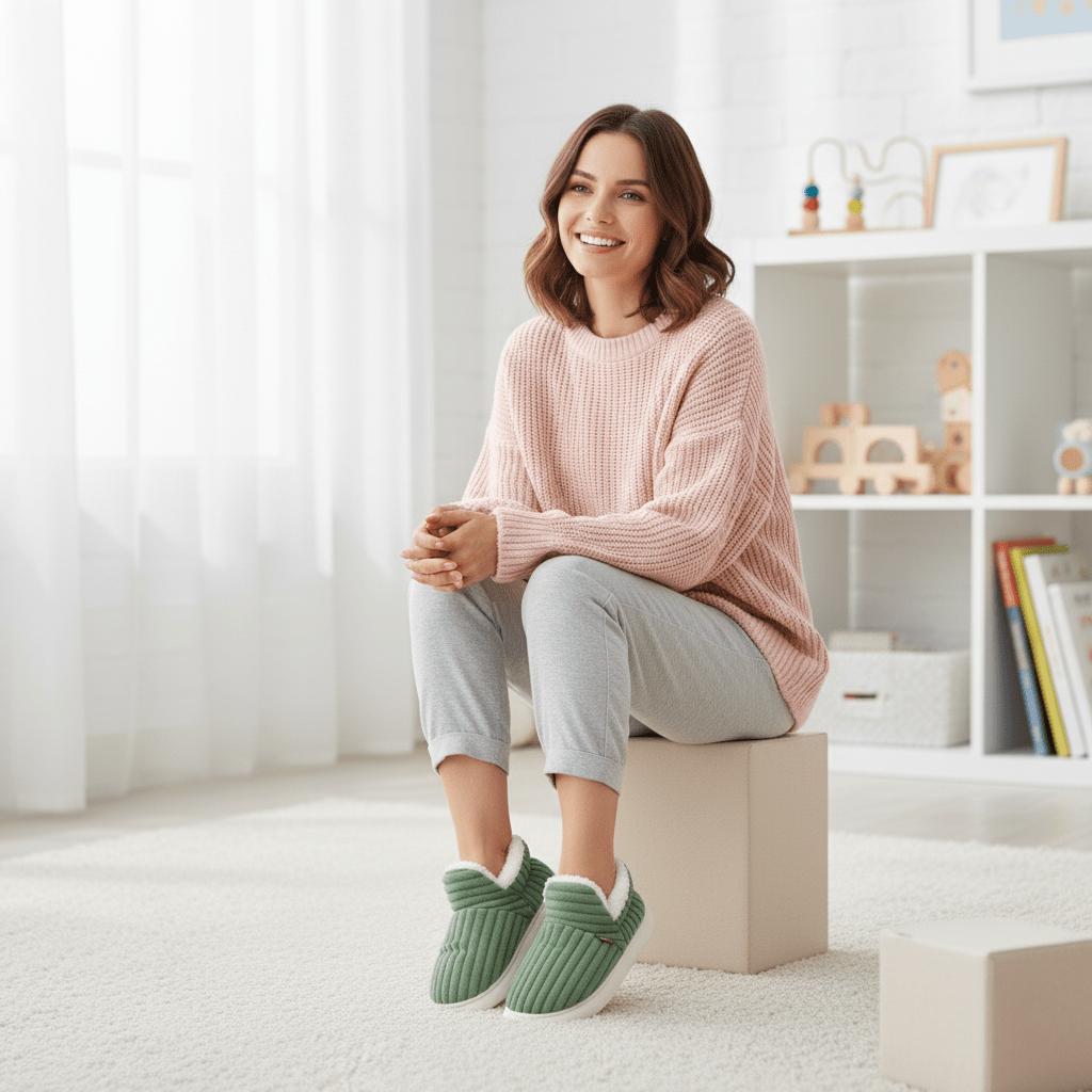Chaussons femme thermiques, antidérapantes, idéal détente et confort hivernal.