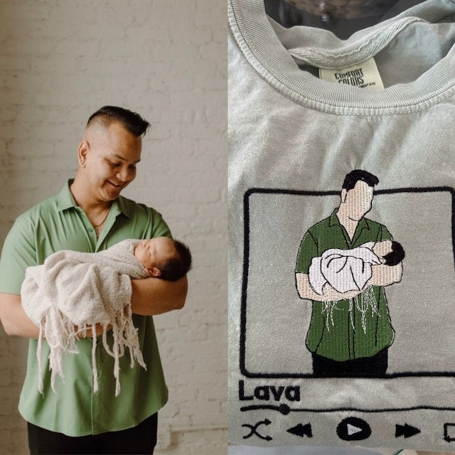 T-shirt brodé personnalisé avec photo pour homme. Idée cadeau souvenir pour la Fête des Pères.